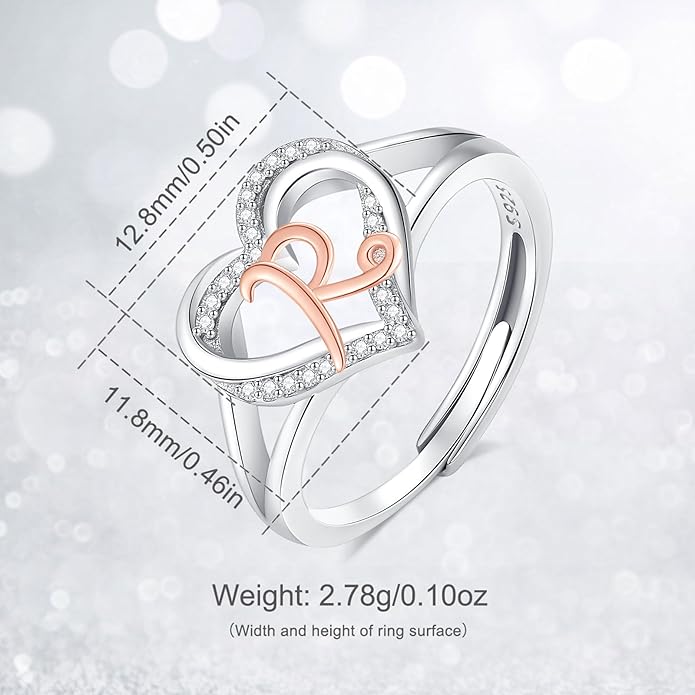 INFUSEU 925 Sterling Silver Initial Heart Ring for Women Girls, Adjustable Size