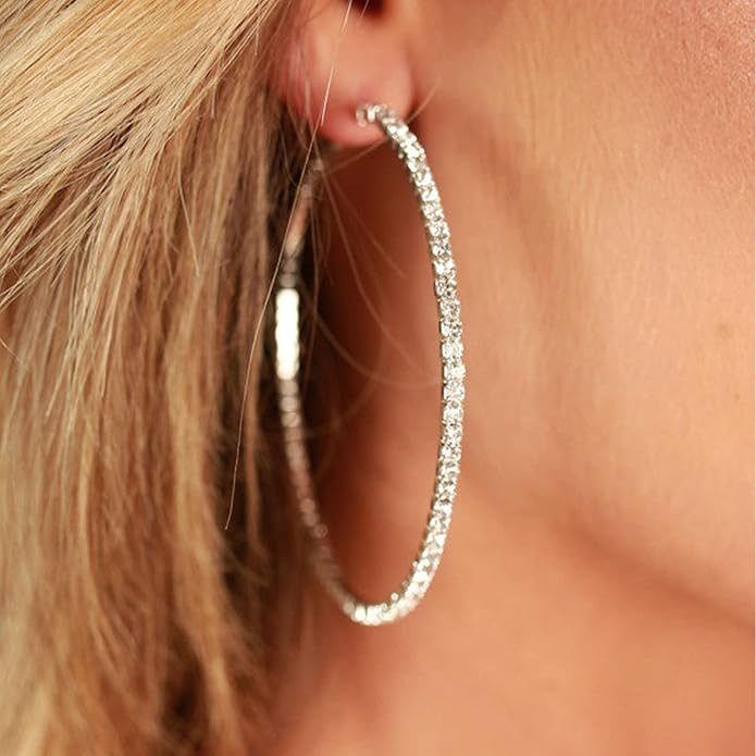 925 Sterling Silver Earrings Large Rhinestone Hoop Earrings Big Cubic Zirconia Hoop Earrings Thin Rhinestones Round Hoop Earrings for Women 20/30/40/50/60/70mm Sparkly Hoops With Crystals for Womens