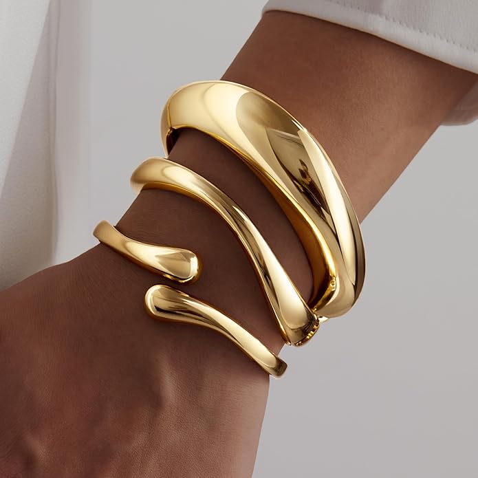 Chunky S925 Sterling Silver Plated Bangle Bracelets Stack for Women, Thick Statement Silver Plated Stackable Bangle Cuff Bracelets Set,Trendy Big Large Gold Bracelet Stacked Fashion Jewelry Gifts Non Tarnish