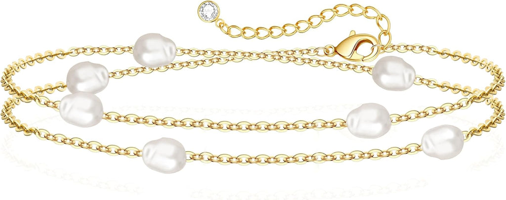 Zeffy Gold Pearl Beaded Bracelet for Women, 14K Gold Plated Jewelry Set With Paperclip Link Chain, Trendy Stack Bracelets