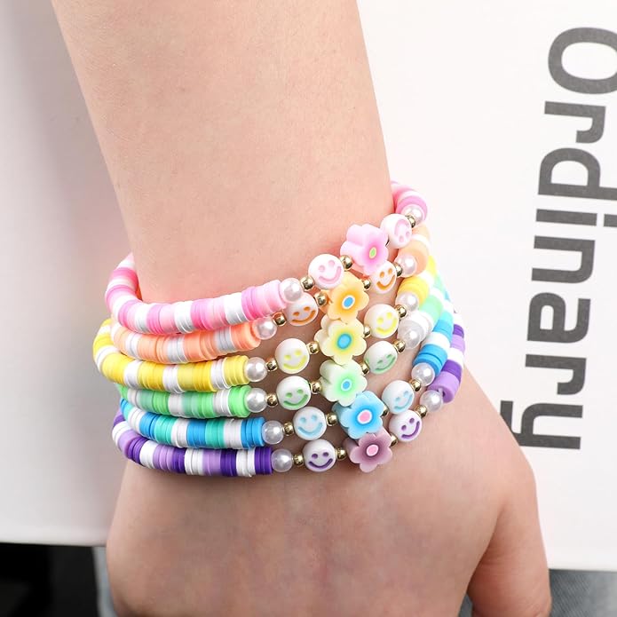Bohemian Colorful Beaded Bracelets for Women Boho Stackable Natural Stone Letter Clay Glass Beads Stretch Bracelet Set with Charm, Cute Rainbow Friendship Bracelets for Summer Vacation