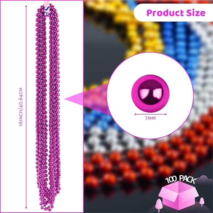 ZYFLSQ 100 Pcs 33" 7mm Metallic Hot Pink Beads Necklaces, Bulk Mardi Gras Beaded Necklaces, Party Beads Costume Necklaces (Hot Pink)