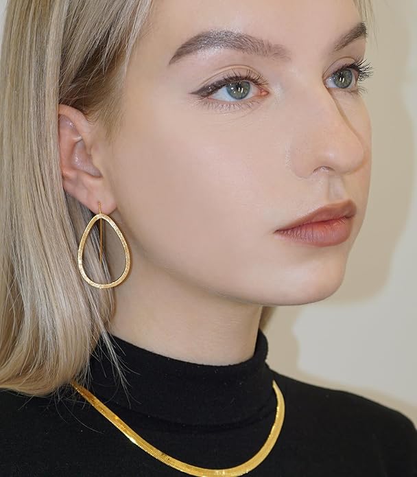 OZEL Gold Dangle Earrings for Women Brushed Finish, Matte Gold Statement Jewelry, 14k Gold Plated
