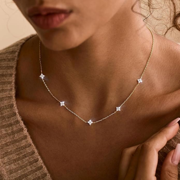 VRIUA Necklaces for Women - 14K Gold/Silver Plated Dainty Chain Necklace with Five Charms: Diamond, Bow, Snowflake, Cross, Flower, Clover, Butterfly, Heart, Star of David, and Star Trendy Jewelry