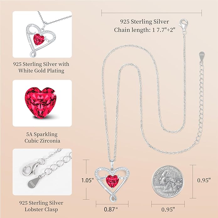 Infinity Necklace for Women, 925 Sterling Silver Heart Necklace with 5A Zircon, White Gold Plated Adjustable Chain, Gift for Valentine's Day, Birthday, Anniversary for Wife, Girlfriend, Mom
