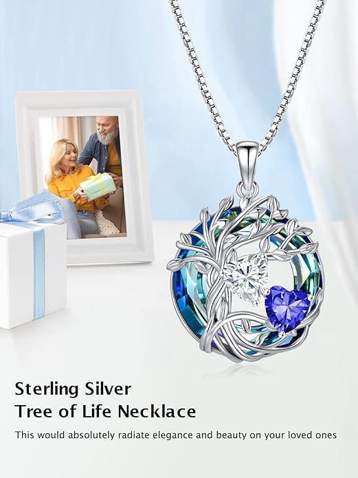 TOUPOP s925 Sterling Silver Family Celtic Tree of Life Pendant Necklaces with 2 Heart Birthstone with Blue Austrian Crystal Jewelry Birthday Valentines Day Gifts for Her, Anniversary Christmas Gifts for Wife Girlfriend Mom (18K Real White Gold Filled)