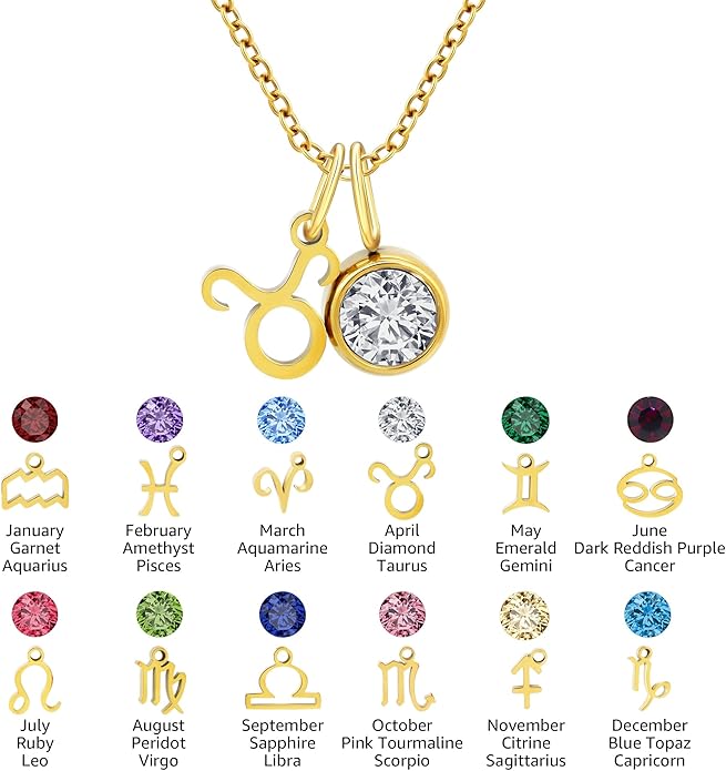 MISS RIGHT Initial Birthstone Necklace for Women - Personalized Gifts Birthday Gifts for Women Stainless Steel 18K Gold Plated Dainty Gold Zodiac Sign 12 Constellation Horoscope Necklace Jewelry