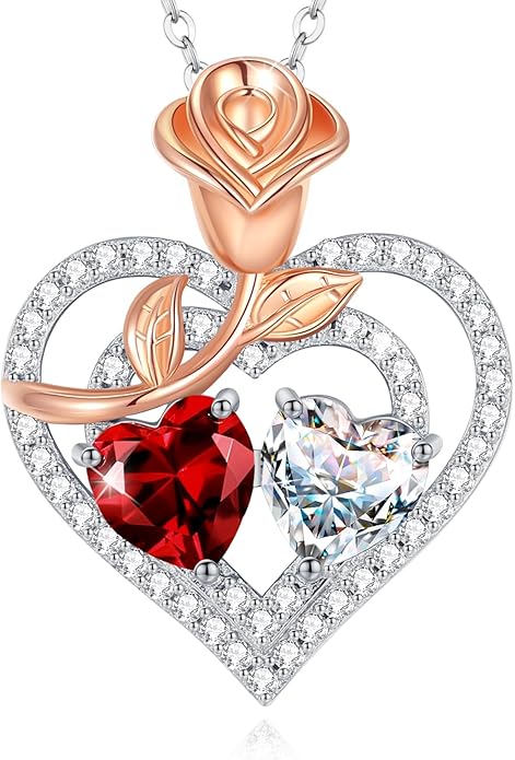 AGVANA Valentines Day Gifts Birthstone Necklace for Women Sterling Silver Rose Flower Heart Double Birthstone Jewelry Pendant Necklace Anniversary Birthday Gifts for Women Mom Wife Girlfriend Her