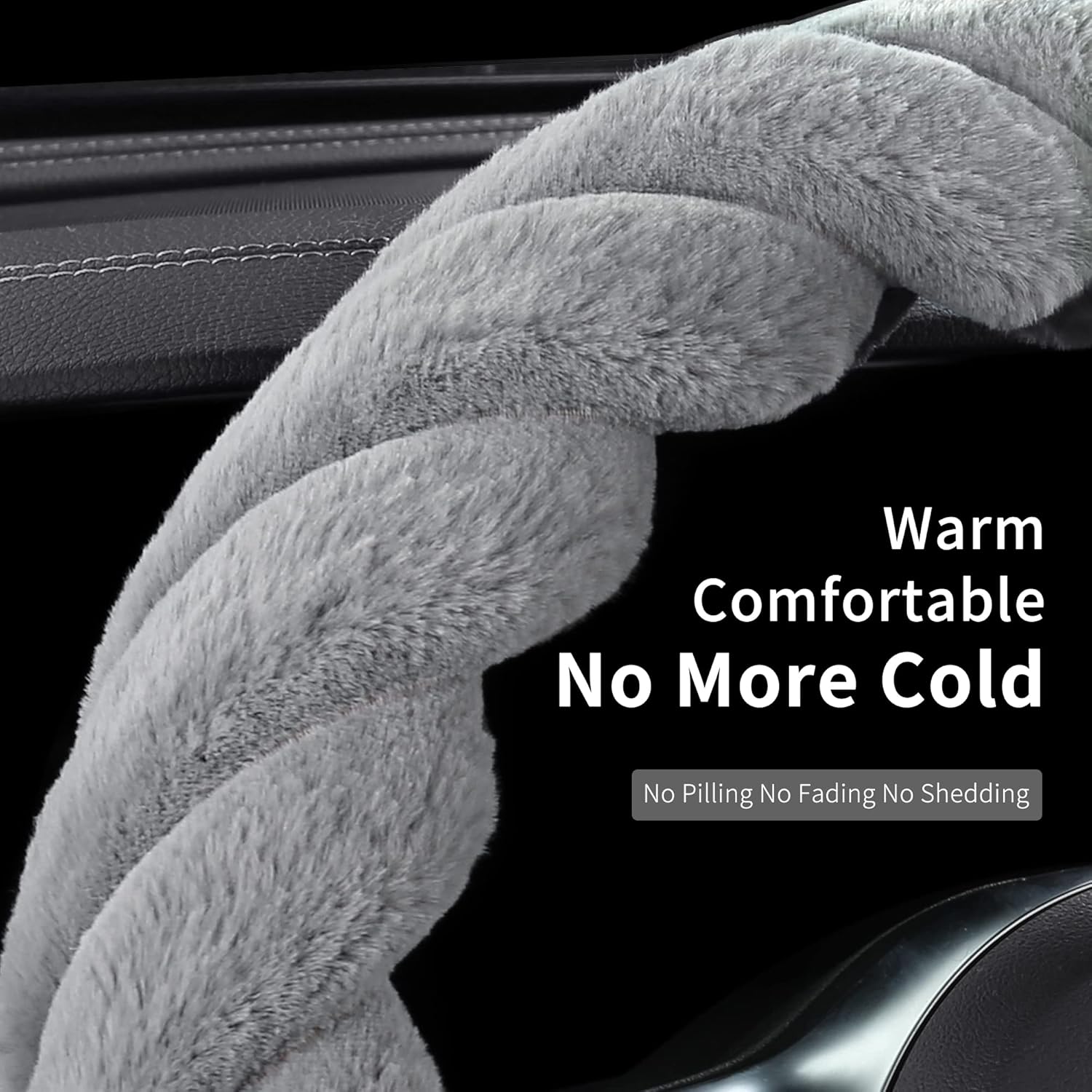 Luxury Fluffy Winter Car Steering Wheel Cover for Women Soft Warm Cute Auto Accessories for Jeep, Truck, Van, F150, Universal, Fuzzy, Anti Slip, Gray, Large Size, 15.2-16in