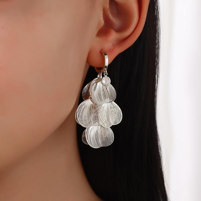 Boho Flower Layered Floral Leaf Drop Dangle Earring For Women,Metal CZ Gold Lightweight Flower Bohemian Gold Petal Exaggerated Jewelry Earrings For Women Brides Party Prom Wedding