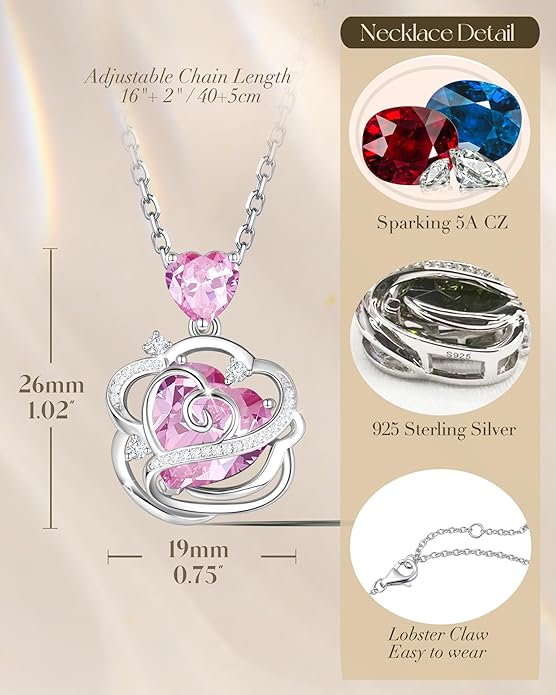FANCIME Thornless Pulse Heart Birthstone Necklace for Women Sterling Silver Rose Pendant Fine Jewelry Gemstone Birthday Valentines Day Gifts for Wife Her