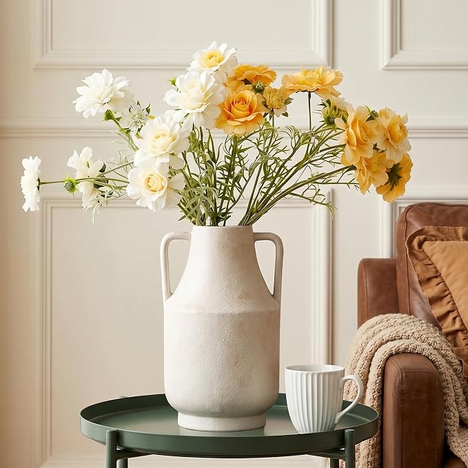 Ceramic Flower Vase with Handles, 11in Tall White Vases - Image 4