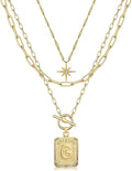 MJartoria Layered Initial Necklaces for Women Trendy, 14K Gold Plated Brass Simple Star Choker Square Letter Pendant Necklace, Paperclip Chain Necklaces Jewelry Gifts