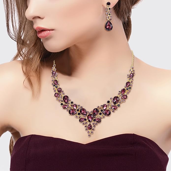 BriLove Women's Wedding Bridal Austrian Crystal Teardrop Cluster Statement Necklace Dangle Earrings Jewelry Set