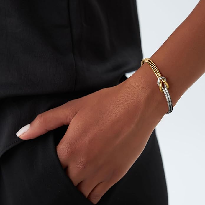 Turandoss Gold Knot Bangle Bracelets for Women - Dainty 18K Gold Plated Cuff Bangle Bracelets for Women Trendy Personalized Open Love Knot Bracelet Adjustable Cuff Bracelet Valentine Gifts for Her