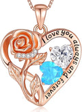 925 Sterling Silver Double Birthstone Rose Flower Heart Jewelry Necklaces for Women Anniversary Love Forever Necklaces for Her Birthday Gifts for Wife Girlfriend Mom Mothers Day Rose Gold