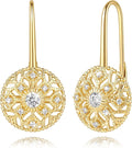 Eloqueen 14K Gold Drop Earrings Dangle Earrings for Women Leverback Dangle with Cubic Zirconia with Engraved Details 14K Gold Earring for Women 14/16mm