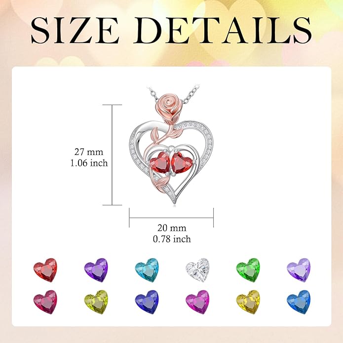 Rose Flower Heart Pendant for Women Birthday Gifts 18k Gold Plated Mother Daughter Necklace with 12 Months Birthstone Christmas Valentines Day Gifts for Her Mom Anniversarry Jewelry for Mom Wife Girlfriend