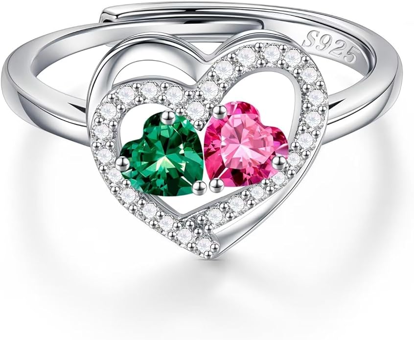Iefil Adjustable Ring for Women - 925 Sterling Silver Double Birthstone Rings, Anniversary Birthday Gifts for Women Wife Her