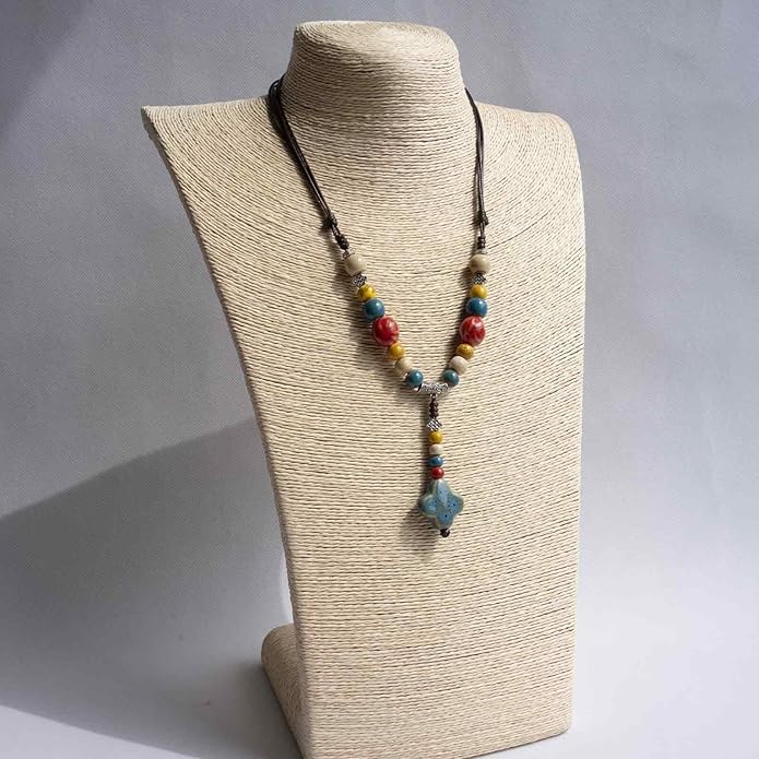 Adjustable Ceramic Beaded Necklace for Women, Boho Handmade Flower Pendant Necklace, Hippie Jewelry for Mom and Wife
