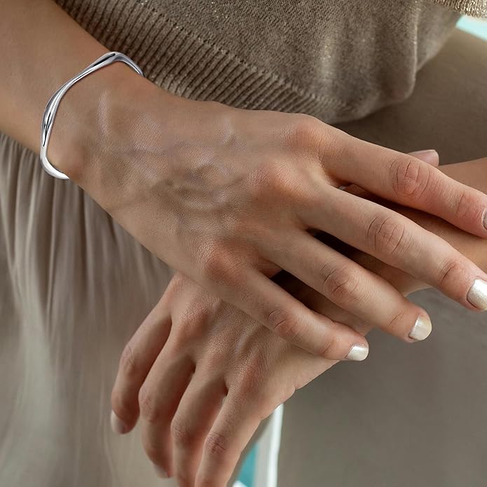 Sterling Silver Wavy Cuff Bracelet - Adjustable Irregular Thin Bangle for Women