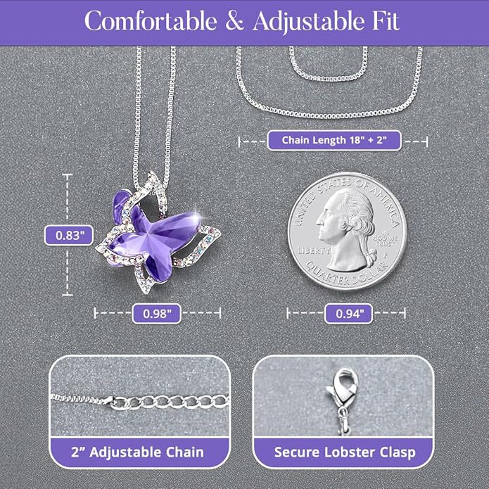 Valentine's Day Gift Butterfly Birthstone Crystal Necklace, Silver Tone with 18”+2” Chain, Necklace for Mother’s Day Anniversary Birthday Gifts for Women and Daughter