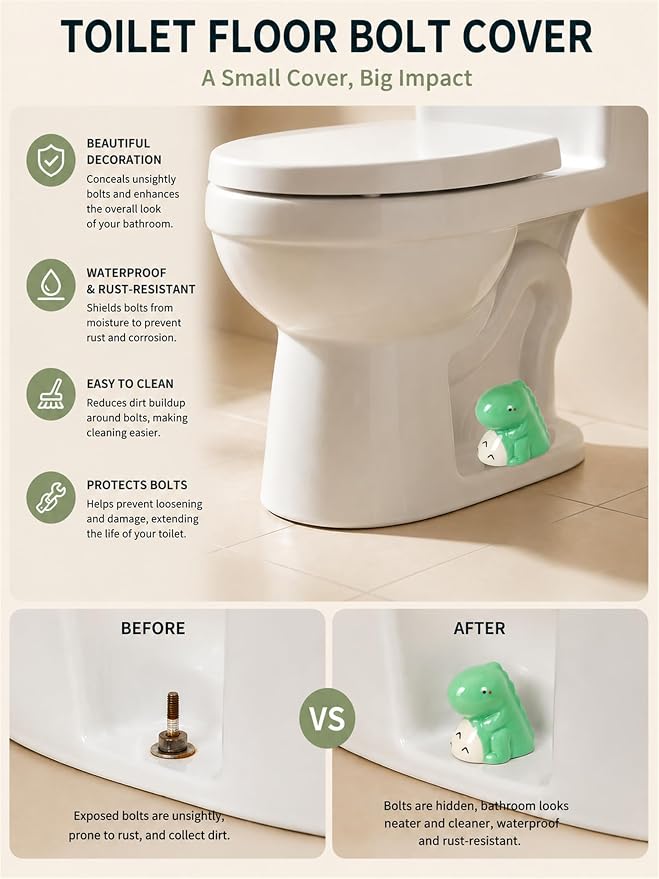 Ceramic Green Dinosaur Shape Toilet Floor Bolt Caps, Cute Bathroom Toilet Floor - Image 3