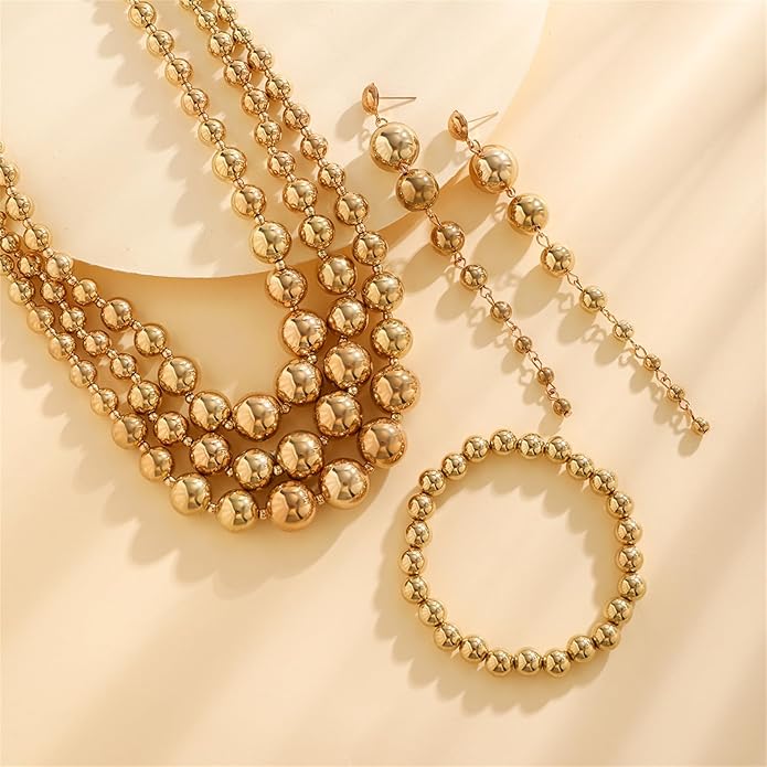 YBMYCM Gold-plated Beaded Jewelry Set Chunky Multi Strands Choker Necklace Bracelet Earrings Set for Women