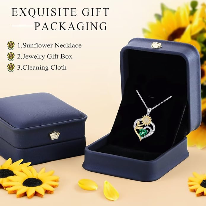 Iefil Valentines Day Gifts for Her - Sunflower Heart Birthstone Necklace Gifts for Women, Anniversary Birthday Gifts for Her 925 Sterling Silver Necklace You Are My Sunshine Jewelry for Wife Mom