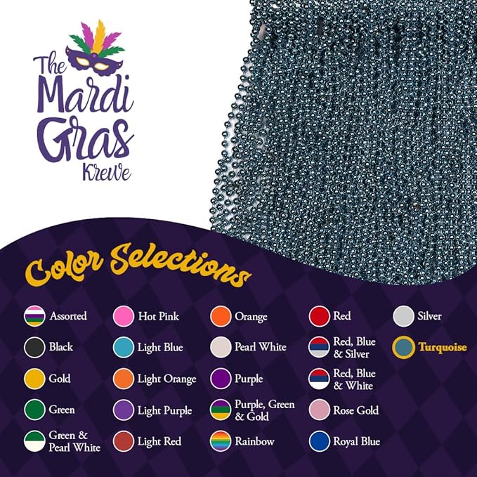 THE MARDI GRAS KREWE - Beads Necklaces Mardi Gras 72 Pack, 6 Dozen 33" 7mm - Party Favors, Parades, Bulk Decorations, Costumes, Festivals, Events - Turquoise