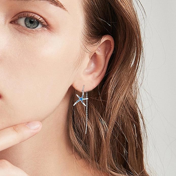 925 Sterling Silver Starfish Earrings With Opal Fish Hoops, Nautical Hawaiian Sea Beach Jewelry for Women and Starfish Lovers