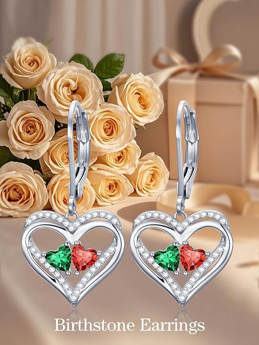 Valentines Day Gifts for Women, Heart Leverback Earrings Double Birthstone Dangle Earrings for Women, Love Jewelry for Her, Anniversary Birthday Gift for Mom Wife Girlfriend
