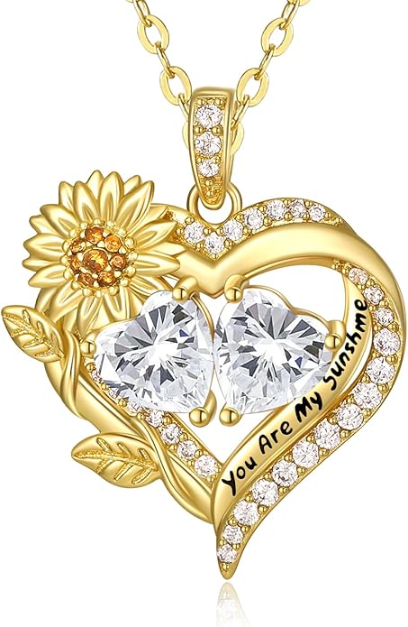 Sunflower Heart Necklace for Women 14K Gold Exquisite Valentines Day Anniversary Birthday Gifts for Wife Mother Her Double Birthstone Pendant Jewelry‘You Are My Sunshine’
