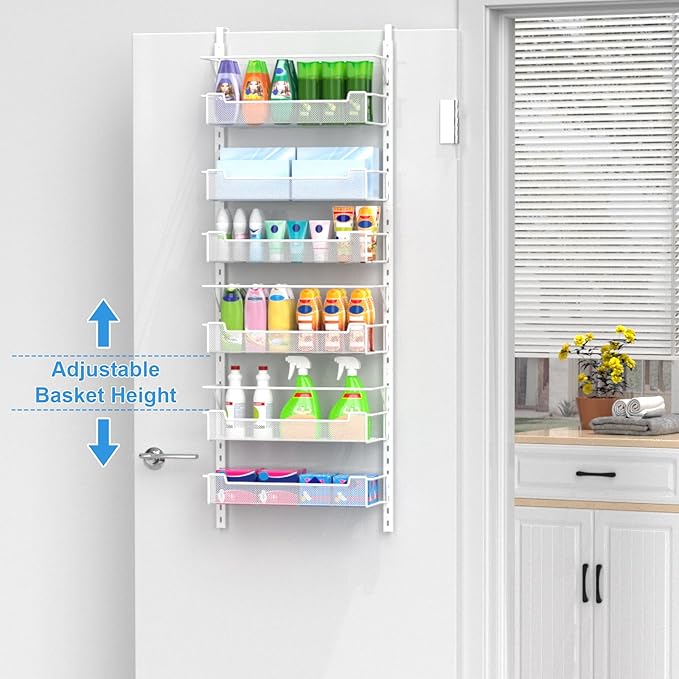 Over the Door Pantry Organizer, 6-Tier Over the Door Organizer with Adjustable Basket, Pantry Door Organization for Pantry Kitchen Storage Room Spice Rack, White