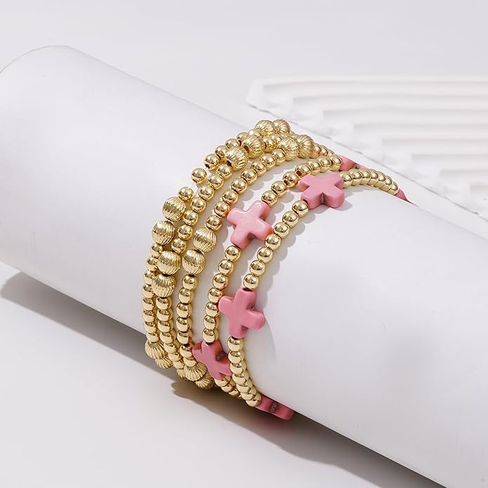 Gold Plated Beaded Bracelets for Women Trendy, 14K Gold Plated Stack Cross Pearl Gold Plated Bead Stretch Bracelets Set Elastic Hypoallergenic Bracelets Jewelry Gifts