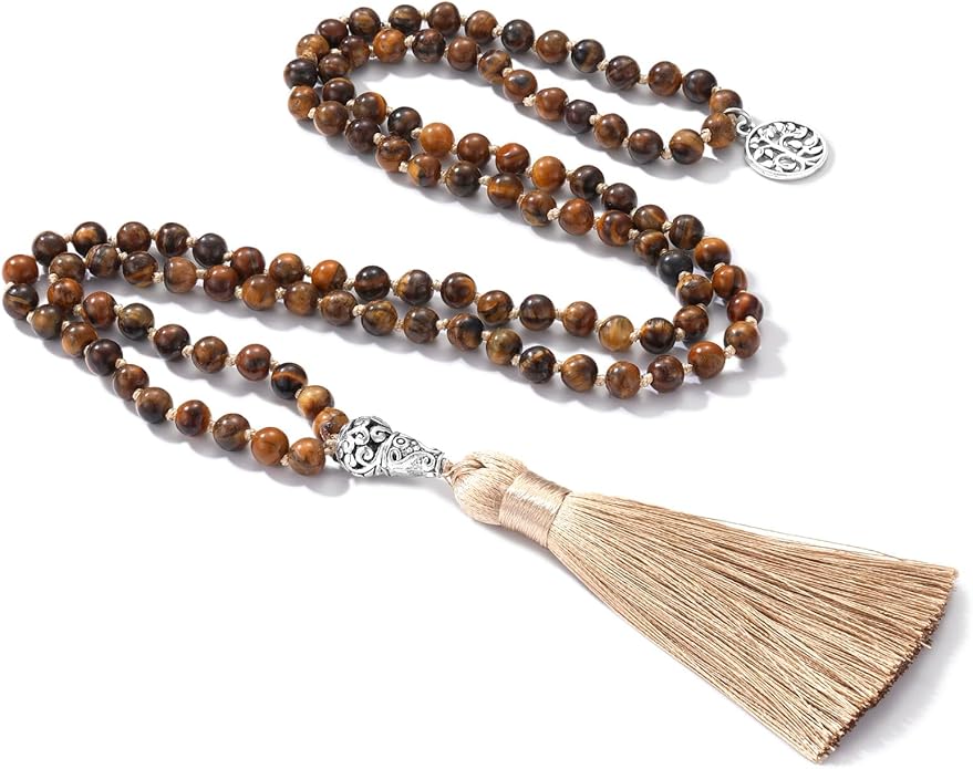 INBLUE 108 Mala Prayer Beads Wrap Necklace with Long Tassel Boho Necklace for Women Amazonite Bead Bracelet with Spiritual Tree of Life Pendant 108 Beads Necklace for Meditation