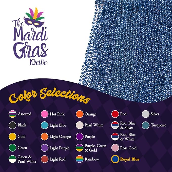 THE MARDI GRAS KREWE - Beads Necklaces Mardi Gras 72 Pack, 6 Dozen 33" 7mm - Party Favors, Parades, Bulk Decorations, Costumes, Festivals, Events - Royal Blue