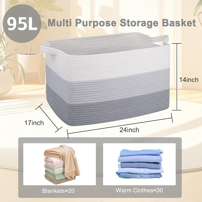 OIAHOMY Extra Large Blanket Basket, 95L Cotton Rope Woven Laundry Basket - Image 4