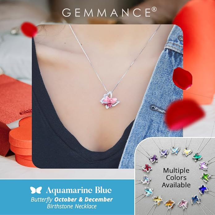 Valentine's Day Gift Butterfly Birthstone Crystal Necklace, Silver Tone with 18”+2” Chain, Necklace for Mother’s Day Anniversary Birthday Gifts for Women and Daughter