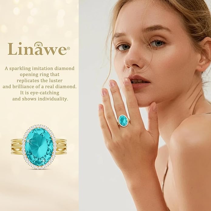 Linawe Birthstone Chunky Adjustable Rings for Women, Gold/Silver/Rose Gold Statement Rings, Imitation Diamond Fake Gemstone Crystal Cocktail Ring, Cubic Zirconia Costume Jewelry