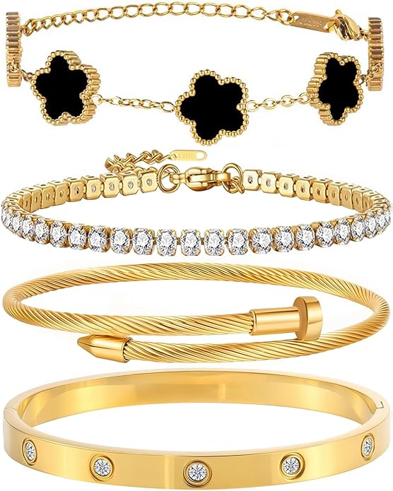 18K Gold Plated Nail Love Bangle Bracelet Set for Women Stackable Floral Clover Adjustable Tennis Bracelet Non Tarnish Gift Jewelry for Christmas Valentines Birthday Mother's Day