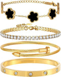 18K Gold Plated Nail Love Bangle Bracelet Set for Women Stackable Floral Clover Adjustable Tennis Bracelet Non Tarnish Gift Jewelry for Christmas Valentines Birthday Mother's Day