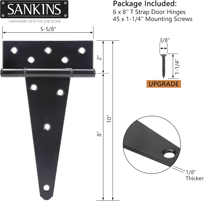 8 Inch T-Strap Shed Door Hinges Heavy Duty, Yard Door, Barn Door Gates - Image 4