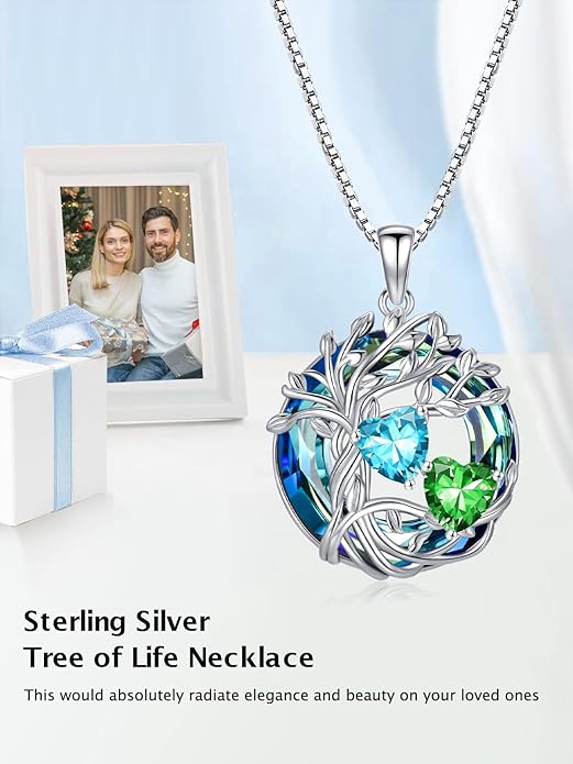 TOUPOP s925 Sterling Silver Family Celtic Tree of Life Pendant Necklaces with 2 Heart Birthstone with Blue Austrian Crystal Jewelry Birthday Valentines Day Gifts for Her, Anniversary Christmas Gifts for Wife Girlfriend Mom (18K Real White Gold Filled)