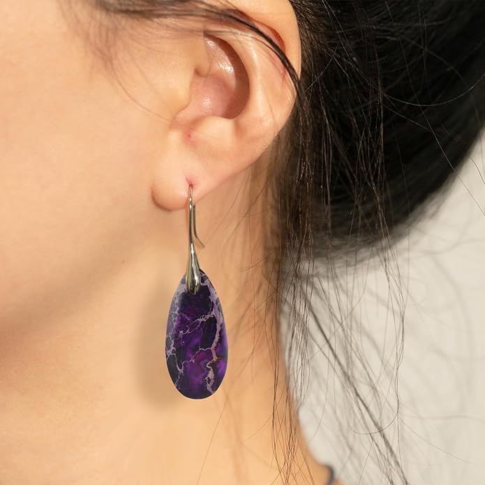 Natural Healing Stone Fishhoop Dangle Drop Earrings Statement Gold silver earrings