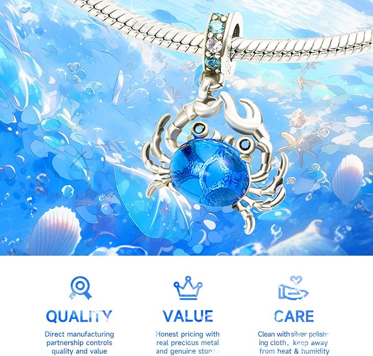 925 Sterling Silver Charms Bead for Bracelets Necklaces, Star Moon Crescent Sun Solar Pendent, Blue Ocean Starfish Shells Turtle Crab Starry Sea Cute Jewelry Birthday Gifts for Women Men