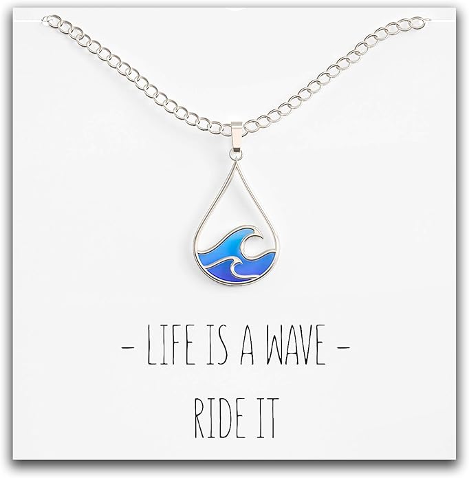 Happy Kisses Silver Wave Necklace - Beach Jewelry for Surfers and Sea Lovers - Motivational Drop Shape Pendant with Gift Message Card