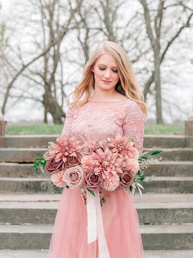 FACINOC Dusty Roses Artificial Flowers Pink Fake Flower Bulk Box Set | DIY - Image 2