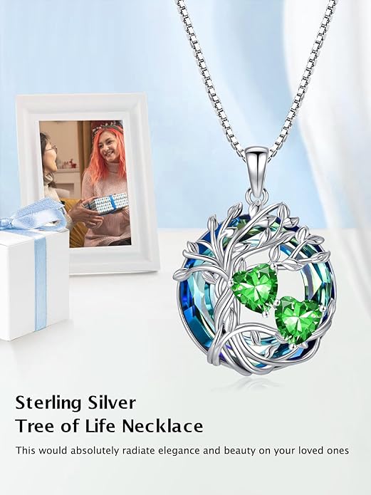TOUPOP s925 Sterling Silver Family Celtic Tree of Life Pendant Necklaces with 2 Heart Birthstone with Blue Austrian Crystal Jewelry Birthday Valentines Day Gifts for Her, Anniversary Christmas Gifts for Wife Girlfriend Mom (18K Real White Gold Filled)