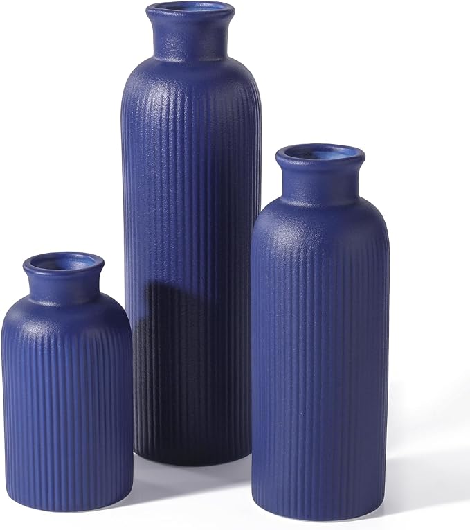 Small Navy Blue Ceramic Vase Set of 3, Boho Modern Navy Blue Flower Vase Room by GUKJOB